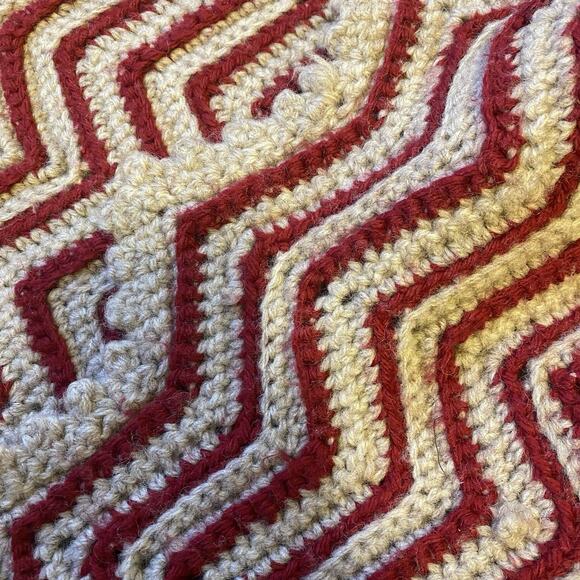 Vintage Hand Knit Crochet Blanket Throw Afghan 38x45” Red Gray Chevron Cottage - Picture 1 of 5